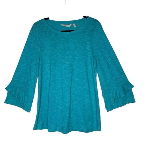 NEW Soft Surroundings Erin Tunic Top Teal Blue Linen Blend Ruffle Sleeve Top SzM - Picture 2 of 15